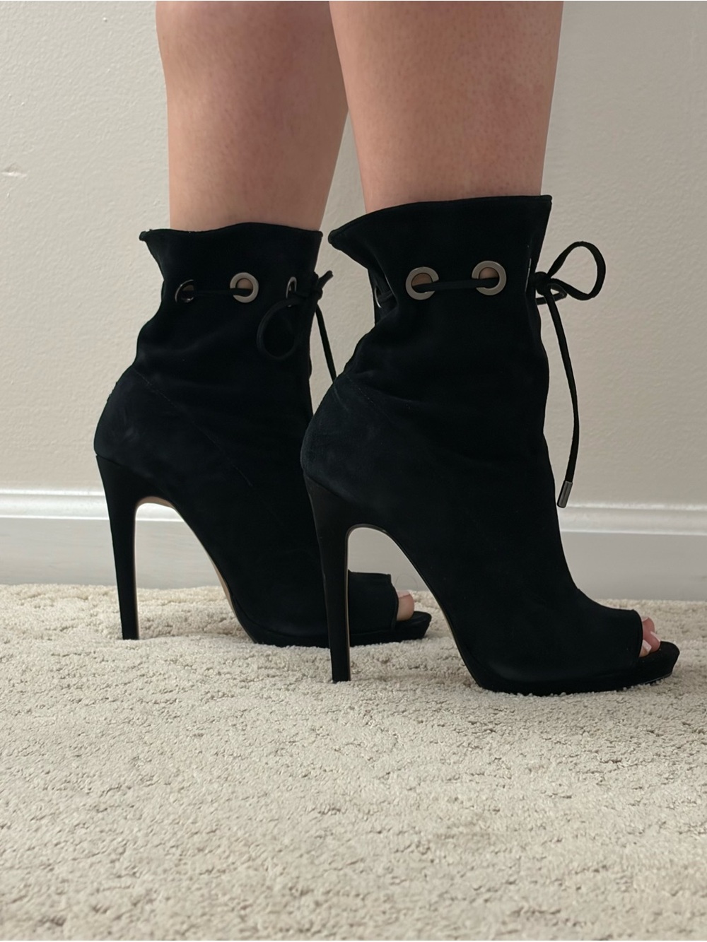 Steve Madden Black Suede Peep-Toe Stiletto Ankle Boots with Grommet Lace